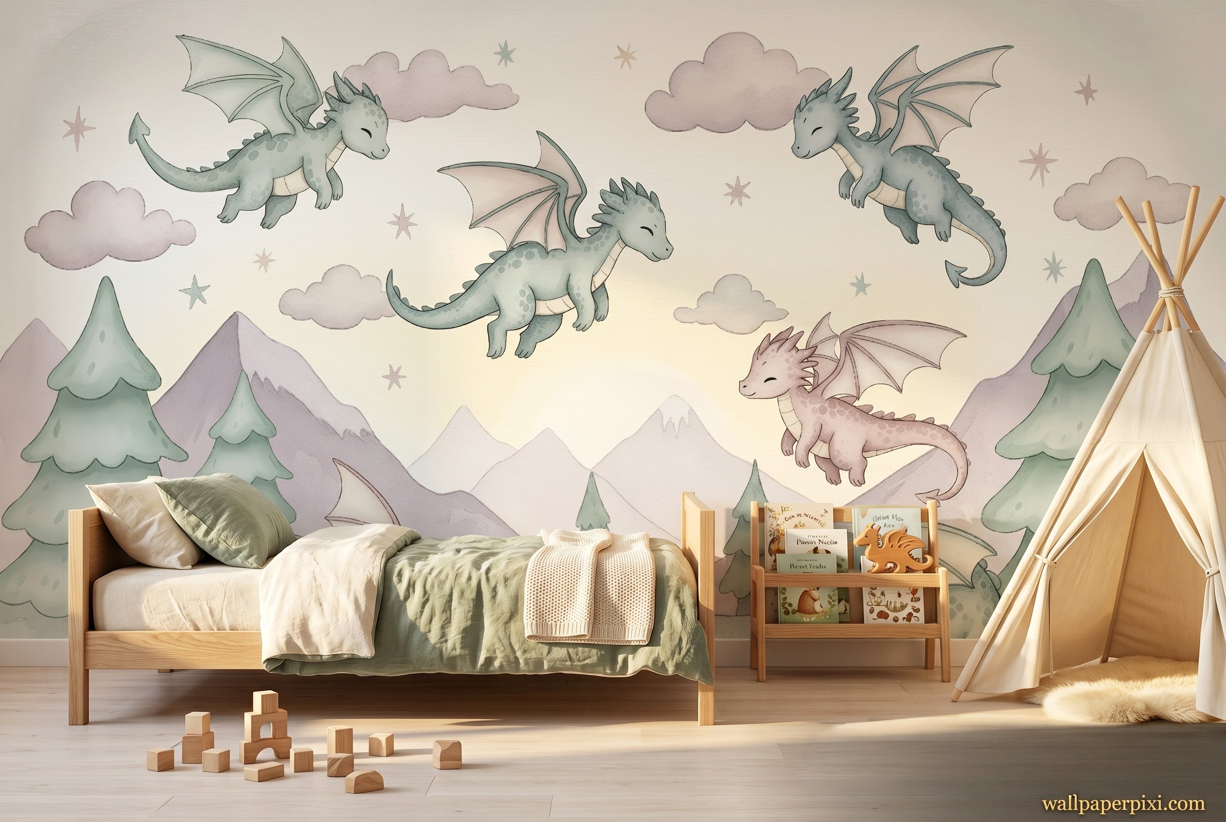 
Pastel baby dragon wall mural in a bright boys toddler room with a wooden bed sage green bedding and wooden toys