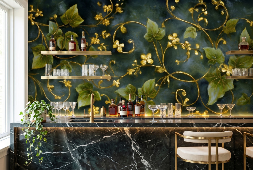 Dark green gold ivy wall mural in a bright home bar with a dark marble counter brass fixtures and ambient lighting