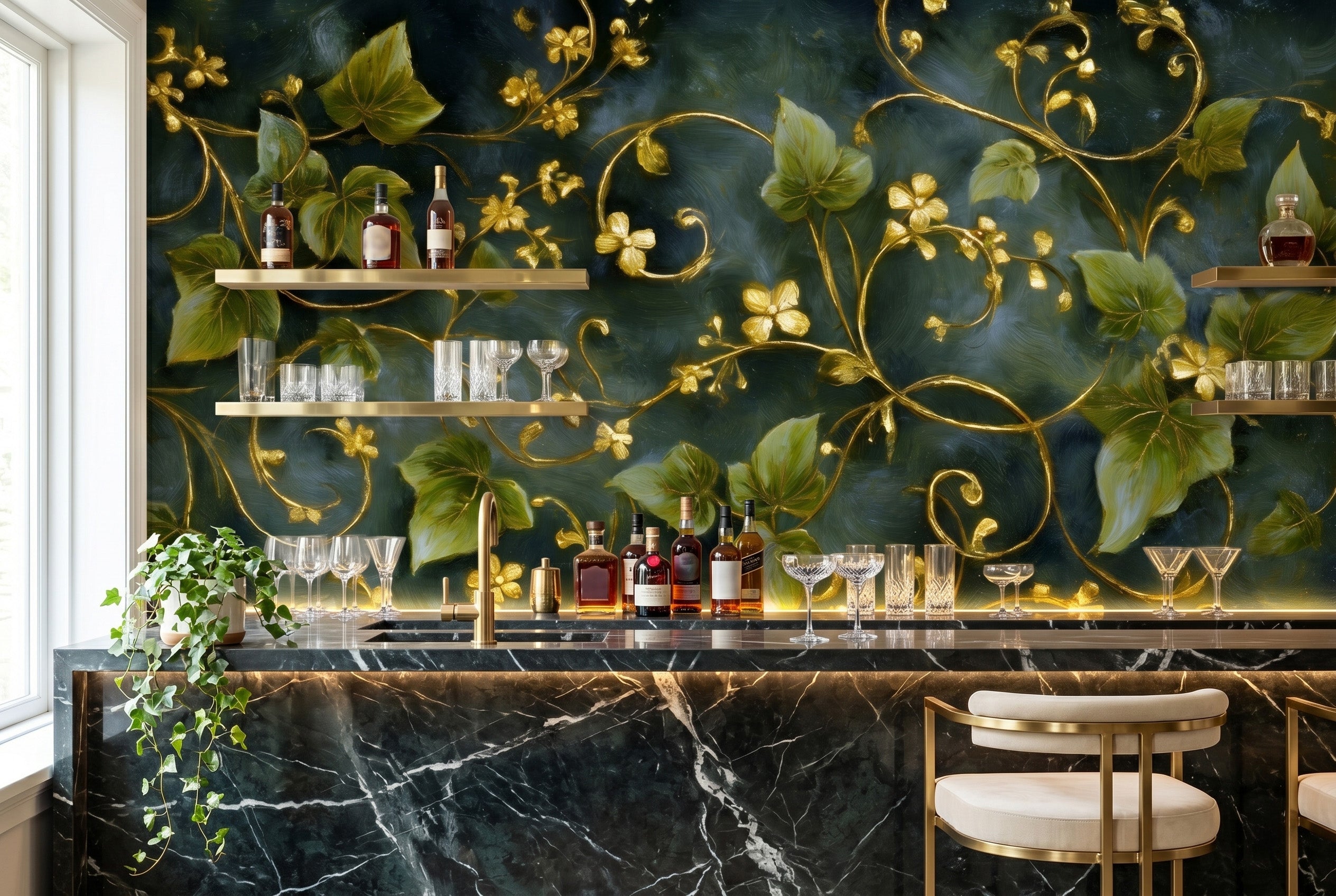 Dark green gold ivy wall mural in a bright home bar with a dark marble counter brass fixtures and ambient lighting