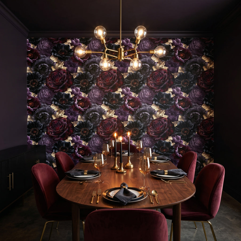 Dark gothic floral wallpaper with black anemones burgundy roses and gold leaves styled as a dramatic bedroom feature wall with velvet headboard and amber candlelight — peel and stick or traditional paste wallpaper by WallpaperPixi