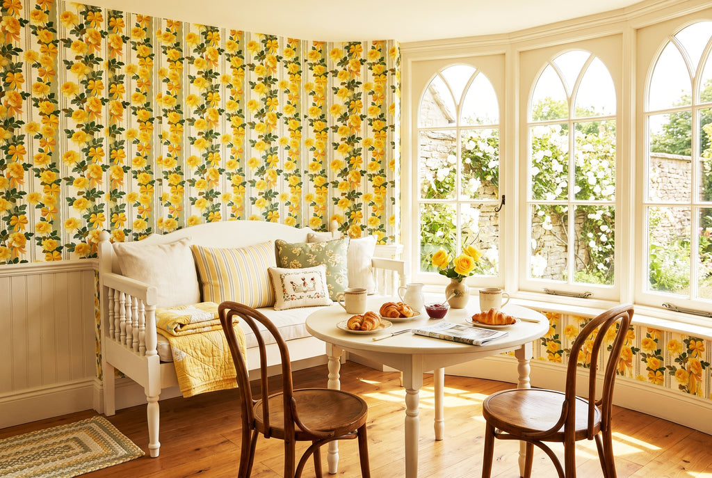 French provincial yellow rose stripe wallpaper styled in a vintage romantic bedroom with painted bed frame, layered linen bedding, and warm brass lighting — peel and stick or traditional paste wallpaper by WallpaperPixi