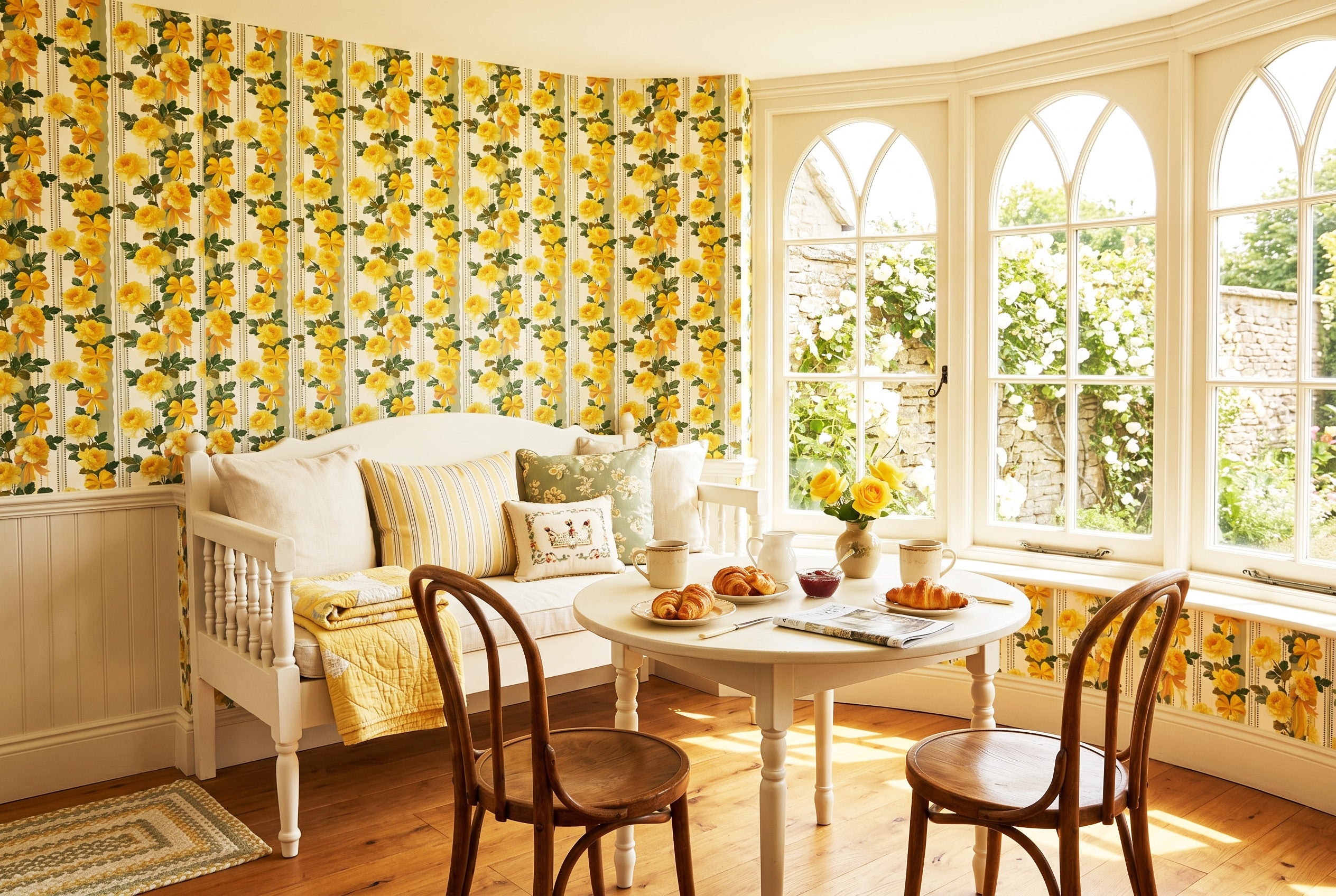 French provincial yellow rose stripe wallpaper styled in a vintage romantic bedroom with painted bed frame, layered linen bedding, and warm brass lighting — peel and stick or traditional paste wallpaper by WallpaperPixi