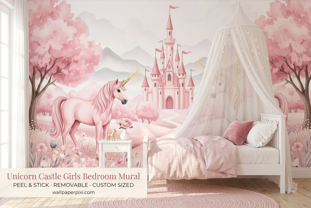 Watercolour pink unicorn castle mural in a bright girls bedroom behind a white bed with a blush pink canopy rose cushions and warm morning light.
