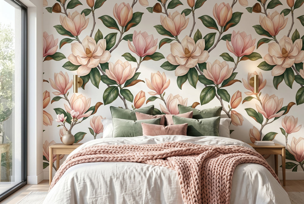Elegant pink magnolia floral wallpaper featuring large, soft blush blossoms and dark green leaves on a creamy white background. Premium luxury peel and stick botanical wall decor perfect for romantic bedrooms, sophisticated nurseries, and modern organic interior styling.