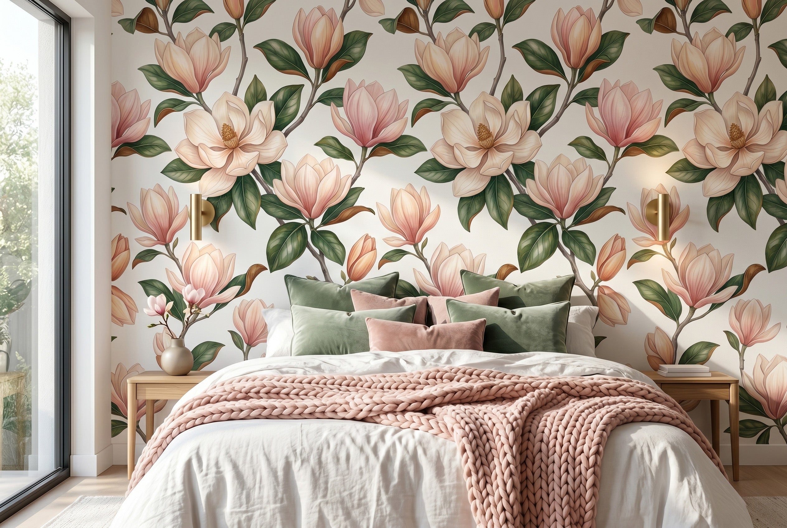 Elegant pink magnolia floral wallpaper featuring large, soft blush blossoms and dark green leaves on a creamy white background. Premium luxury peel and stick botanical wall decor perfect for romantic bedrooms, sophisticated nurseries, and modern organic interior styling.