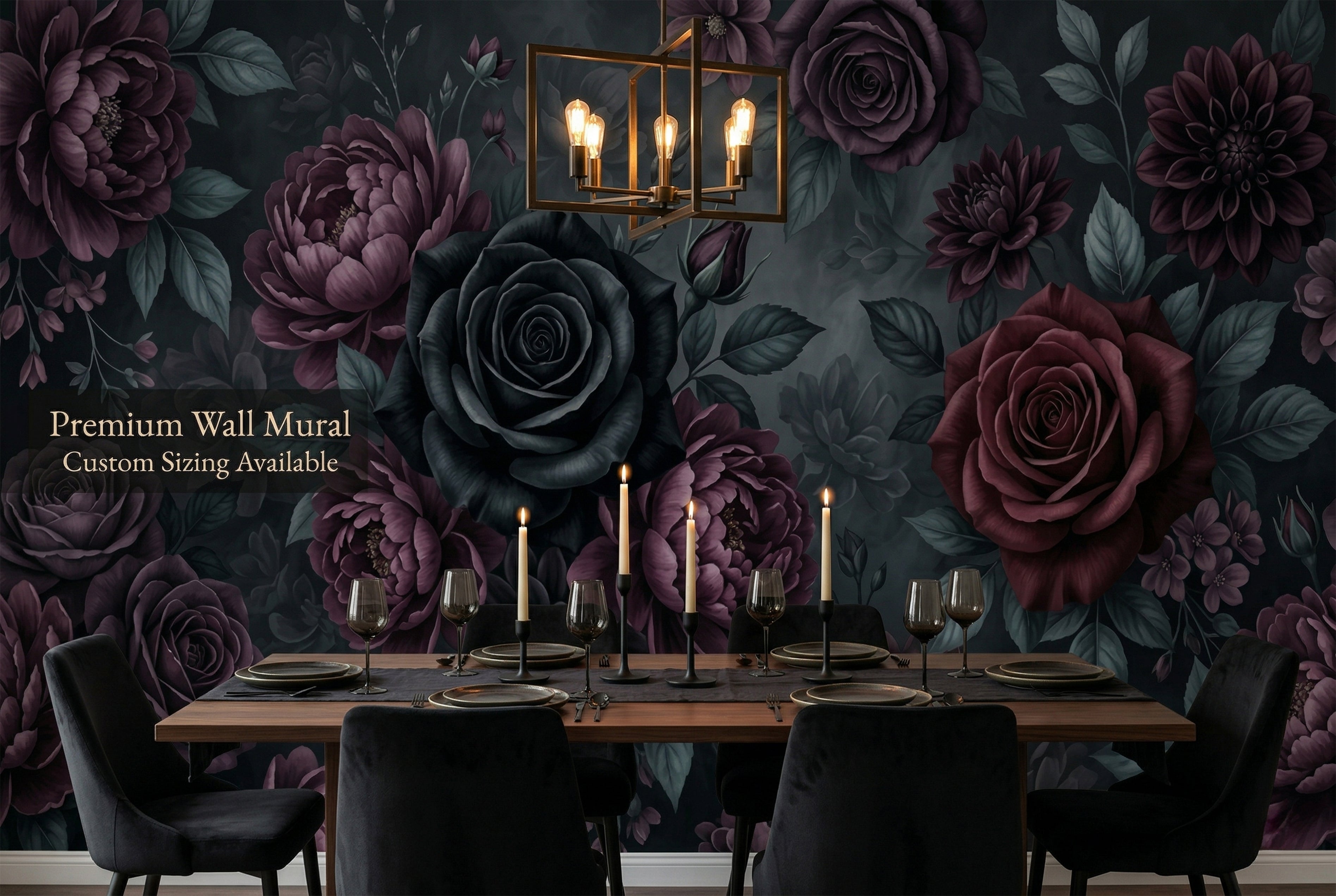 Dark Moody Floral Wall Mural | Gothic Black Rose Burgundy Botanical Design