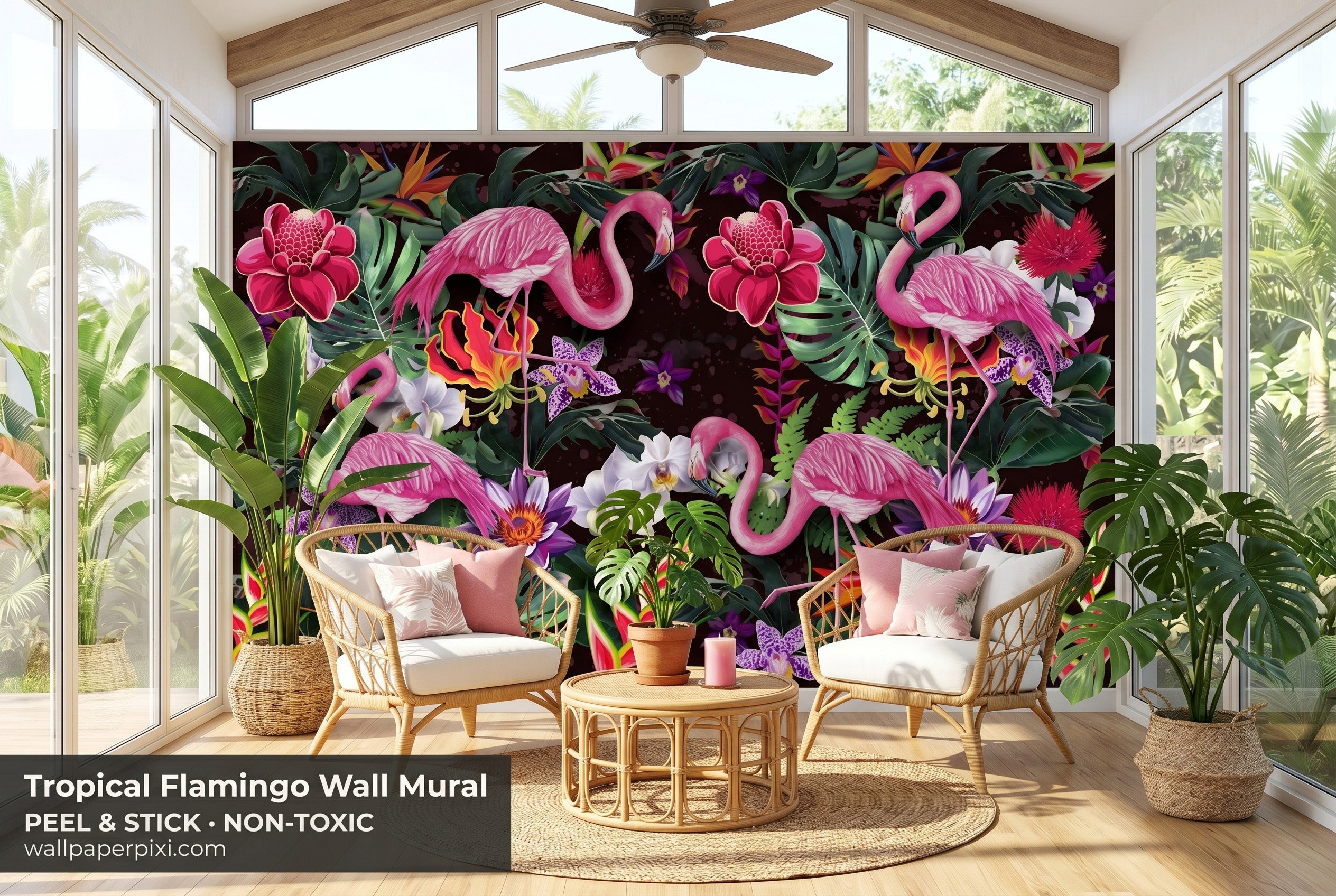 Pink flamingo jungle wall mural in a bright sunroom with rattan armchairs monstera plants and natural light