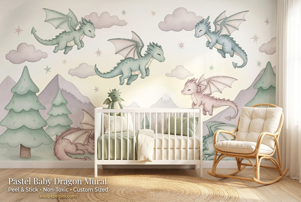 Pastel baby dragon wall mural accent wall in a bright gender-neutral nursery with a white wooden crib sage green bedding and warm natural light