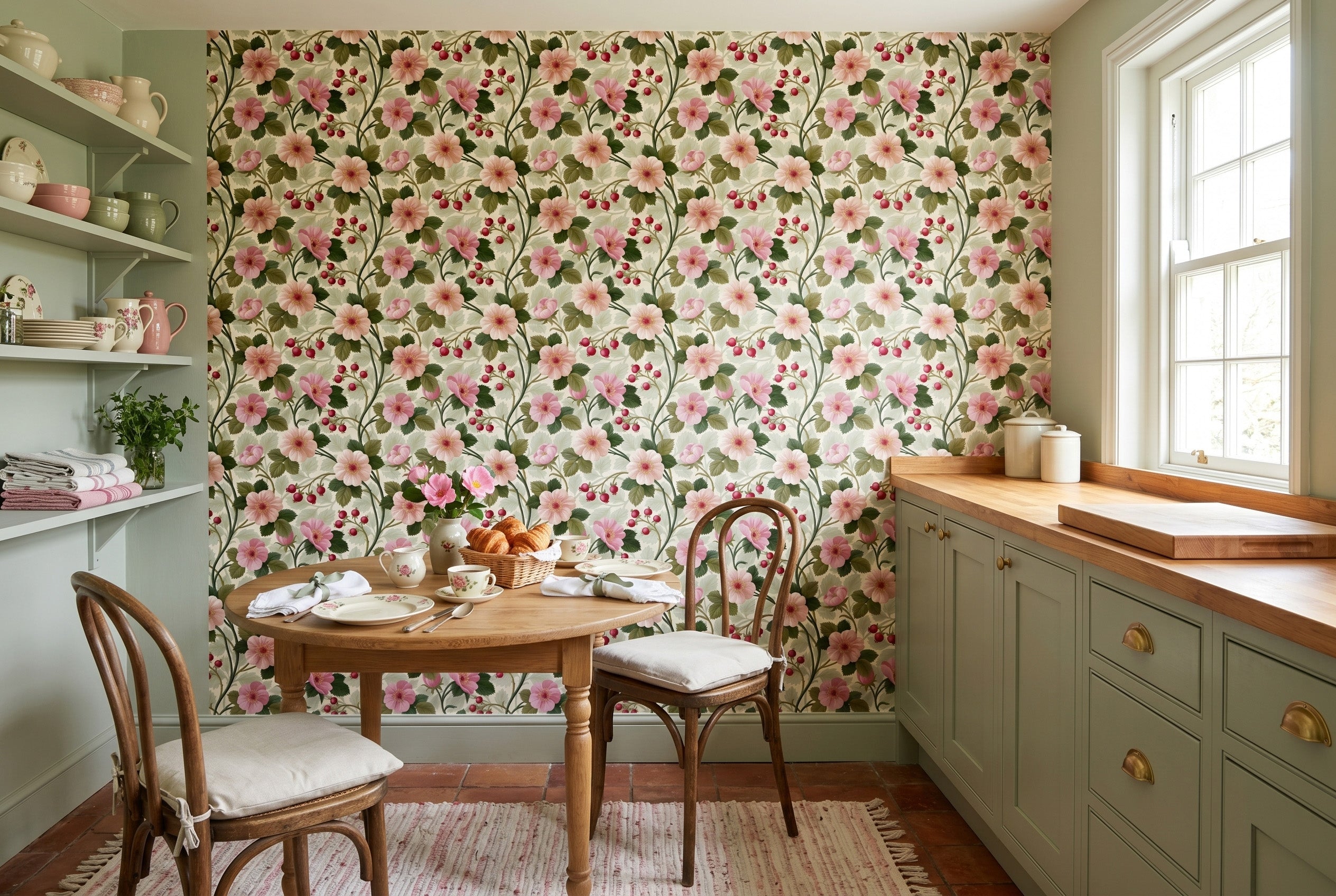 Vintage wild rose wallpaper featuring blush pink and cream rose blooms with golden stamens, ruby red rose hip berries, deep forest serrated leaves, and ghosted sage foliage on a warm cream-ivory background — premium English country botanical wallpaper by WallpaperPixi