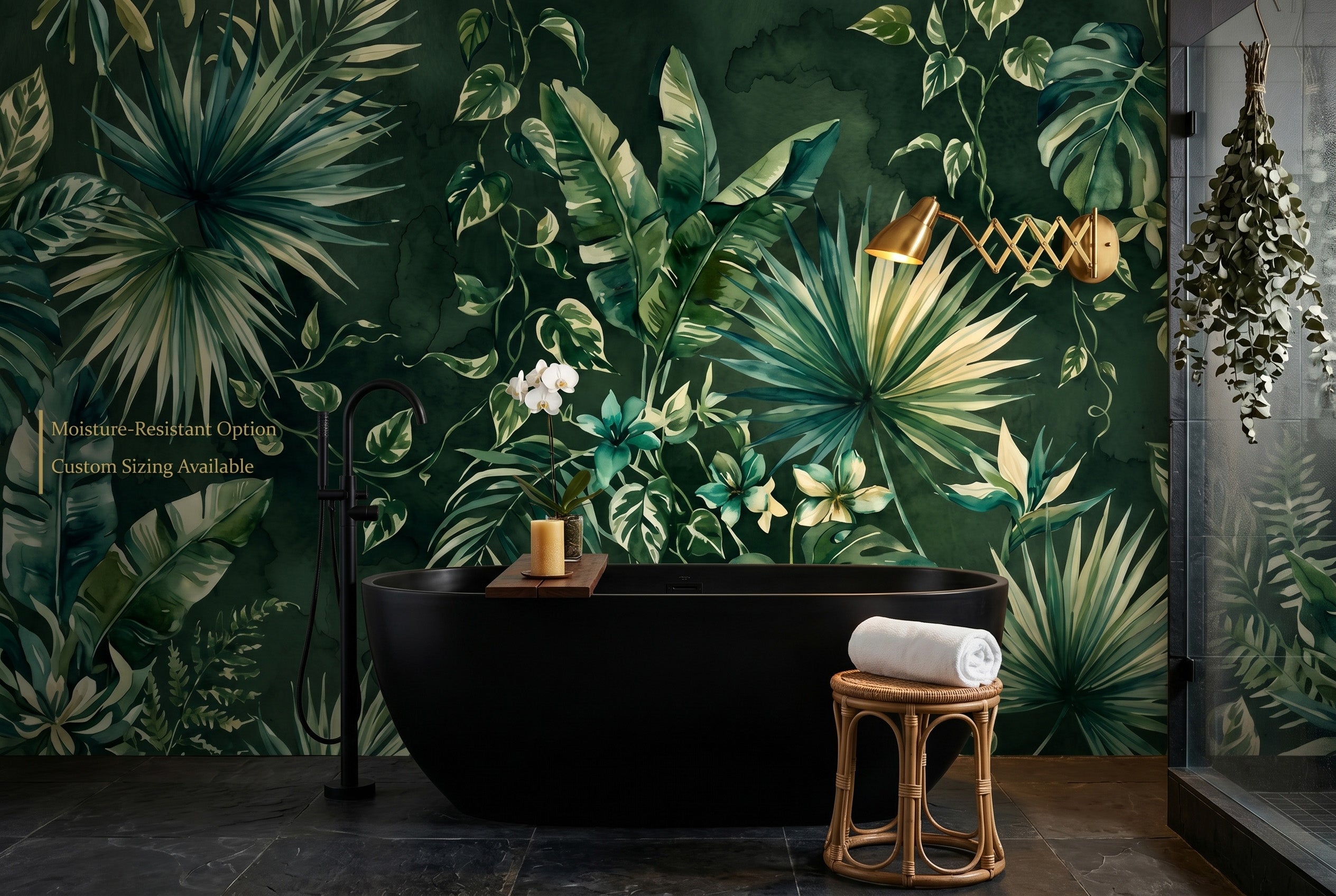 Dark Tropical Jungle Wall Mural | Watercolour Monstera Palm Botanical Design