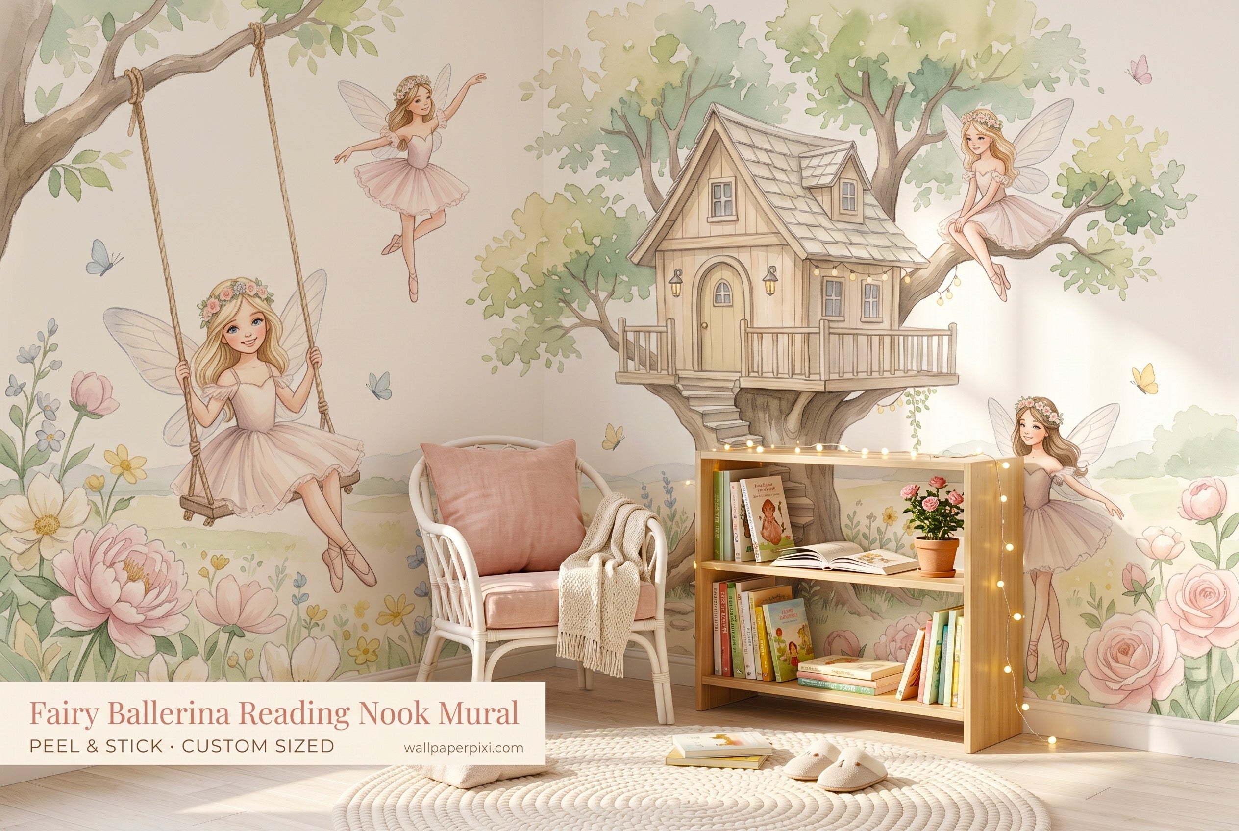Fairy ballerina treehouse wall mural in a bright girls reading nook with a white rattan armchair blush cushion and children's books