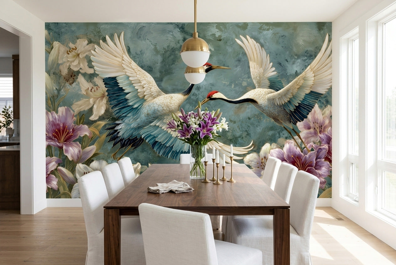 Crane and lily chinoiserie wall mural in a bright dining room with a dark wood table white chairs and fresh purple flowers