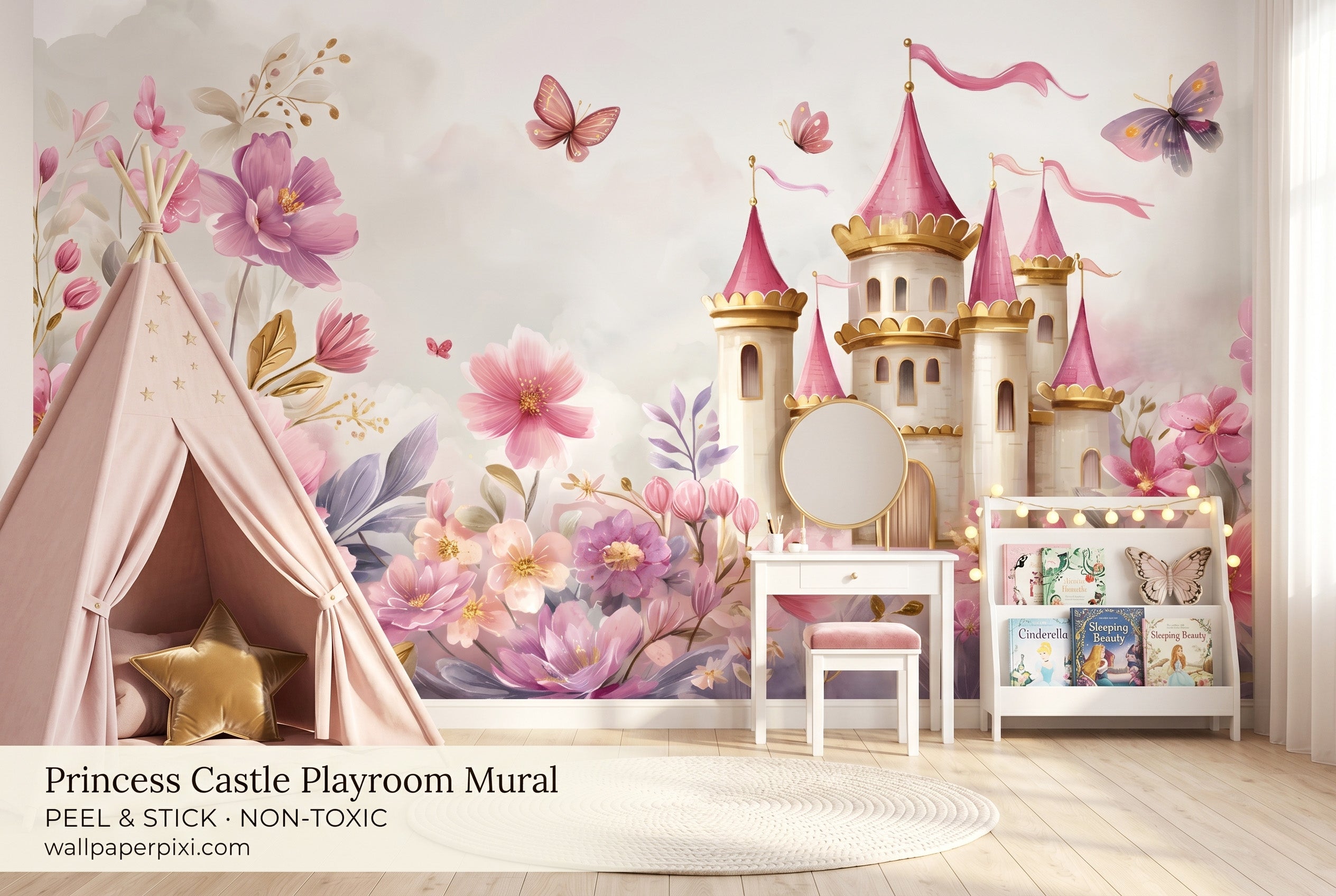 Renter friendly princess nursery mural - removable storybook castle wall decor

