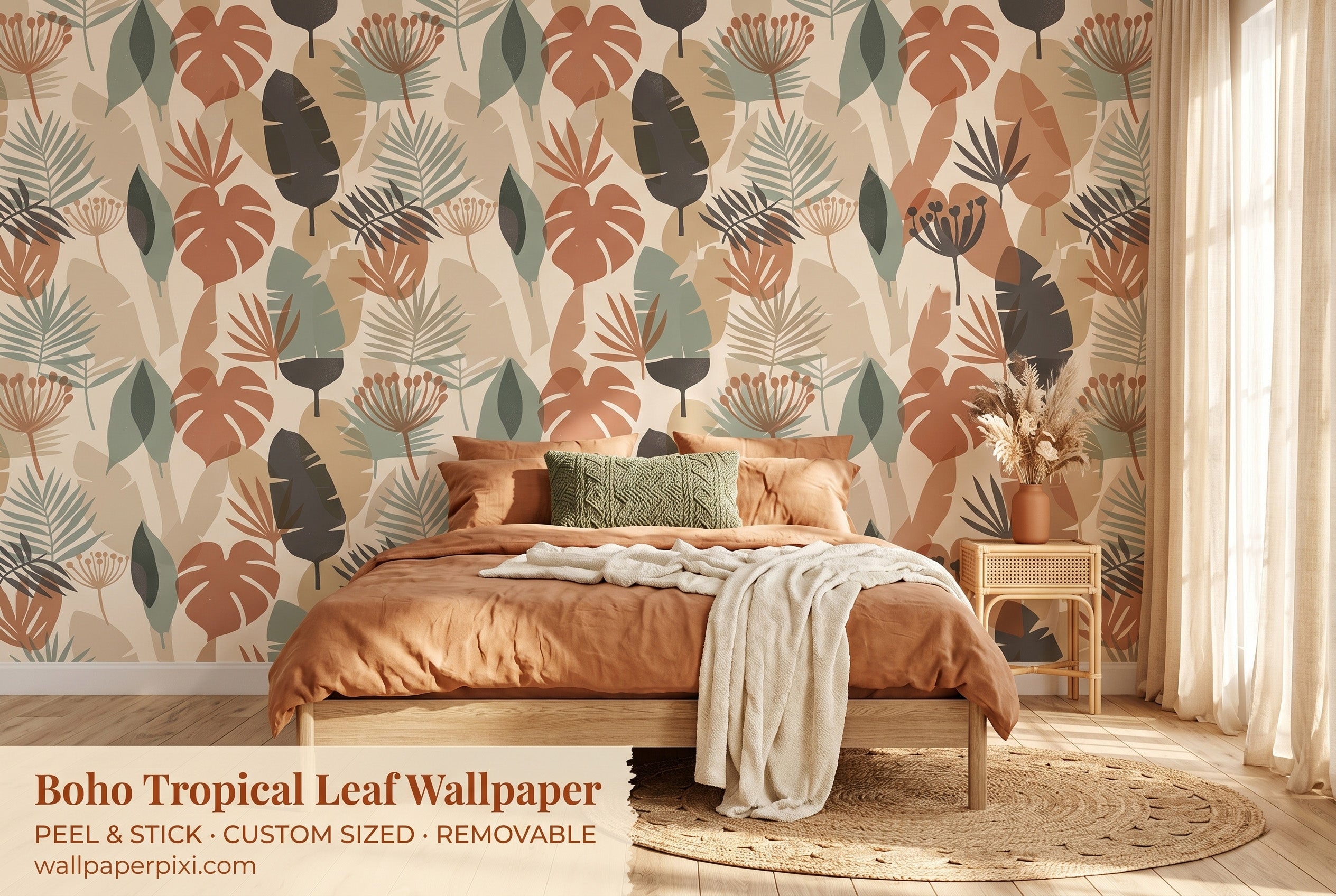 Boho tropical leaf wallpaper in a bright boho bedroom with a low platform bed terracotta linen bedding rattan accessories and natural wood furniture