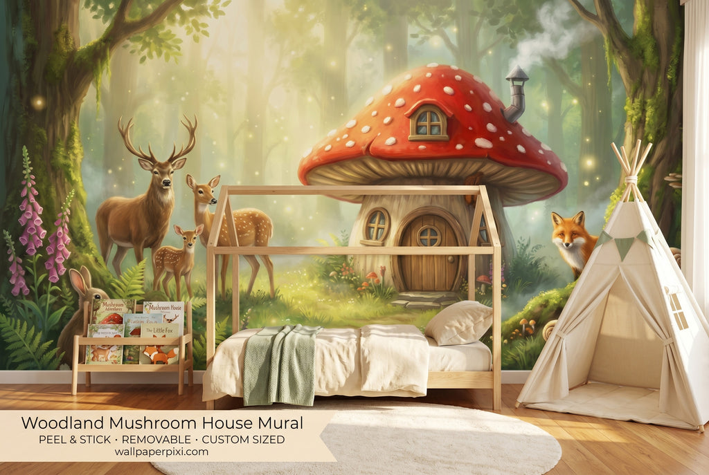 Gender neutral forest animals wall mural with fox and fireflies for kids room
