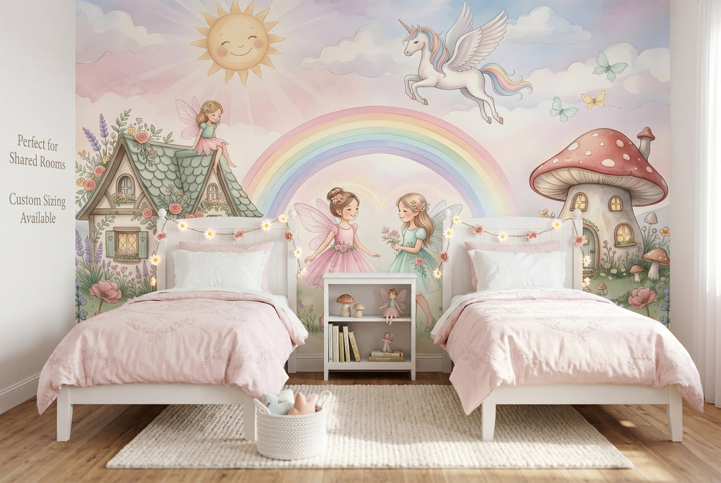 Fairy Garden Rainbow Unicorn Wall Mural | Magical Watercolour Nursery Design