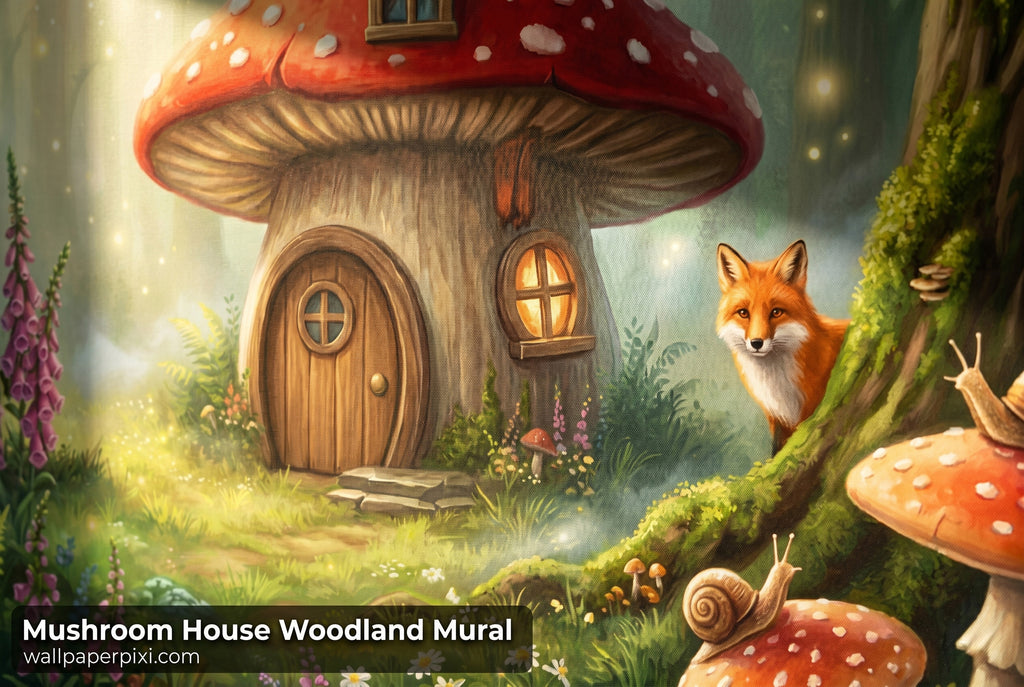 Renter friendly woodland fairycore mural - removable mushroom house wallpaper
