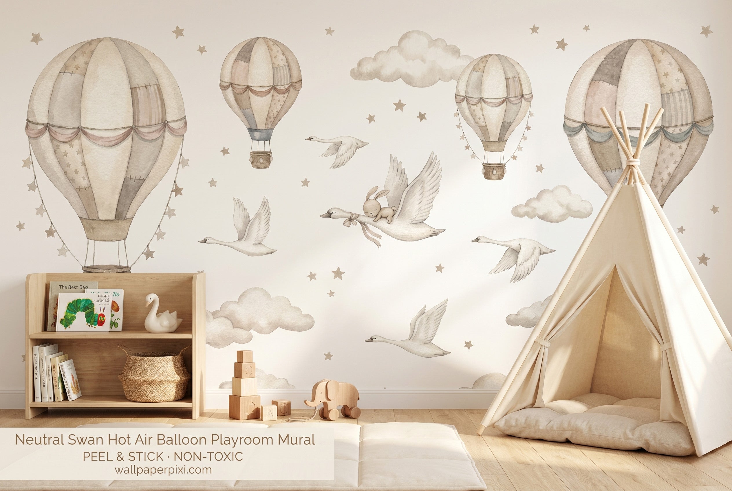 
Neutral hot air balloon wall mural in a bright toddler playroom with a natural wood bookshelf cream play mat rattan accessories and warm natural light