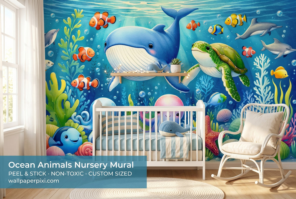 Ocean animals underwater wall mural in a bright boys nursery with a white crib ocean blue bedding and natural wood accessories.