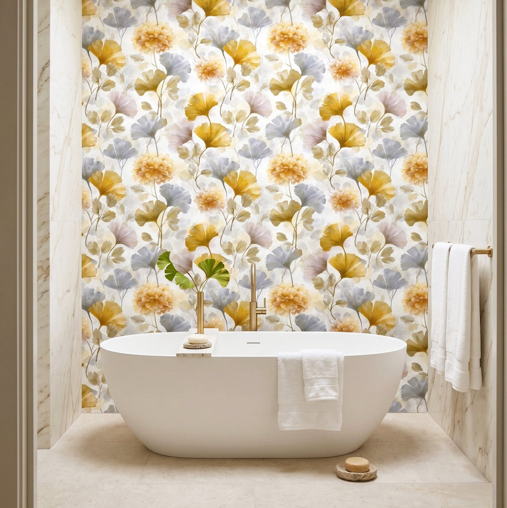 Watercolour gold ginkgo and chrysanthemum botanical wallpaper styled in a bright neutral living room with linen sofa, warm oak furniture, and natural accessories — peel and stick or traditional paste wallpaper by WallpaperPixi