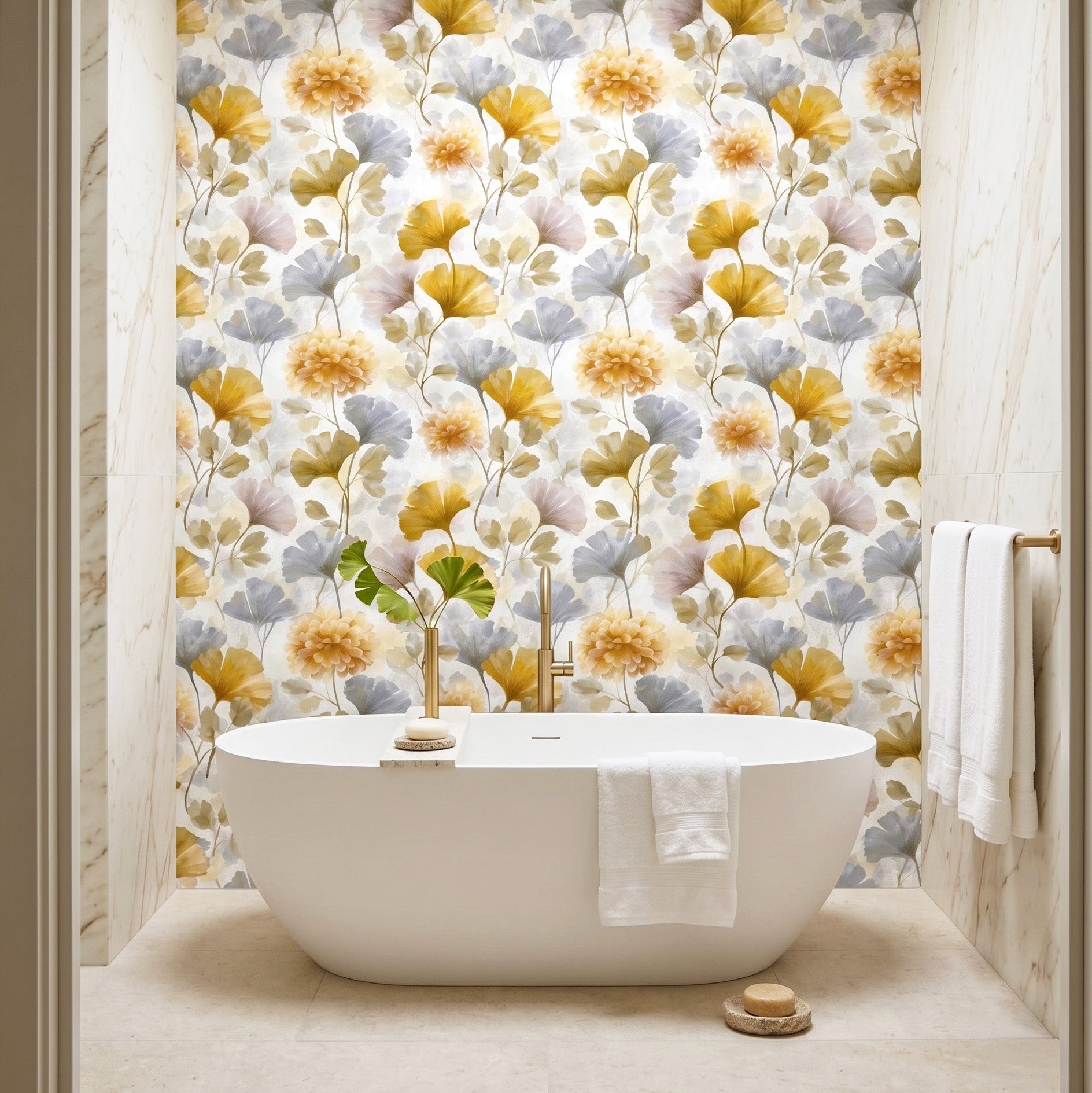 Watercolour gold ginkgo and chrysanthemum botanical wallpaper styled in a bright neutral living room with linen sofa, warm oak furniture, and natural accessories — peel and stick or traditional paste wallpaper by WallpaperPixi