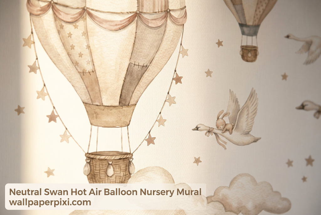 Close-up detail of neutral swan hot air balloon nursery wallpaper mural showing watercolour balloon patchwork detail bunny on swan back and beige stars