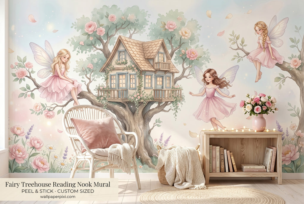 Fairycore girls room decor with enchanted treehouse and butterfly wall mural
