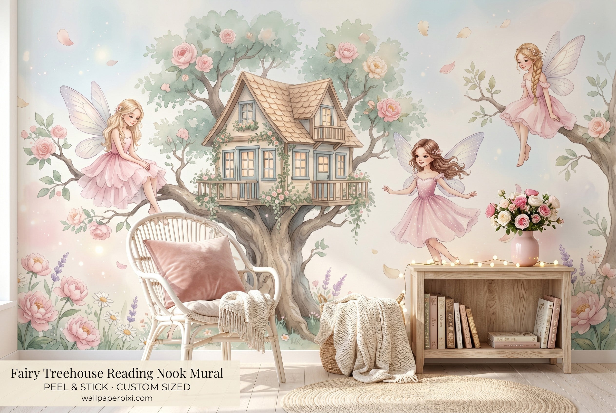 Fairycore girls room decor with enchanted treehouse and butterfly wall mural
