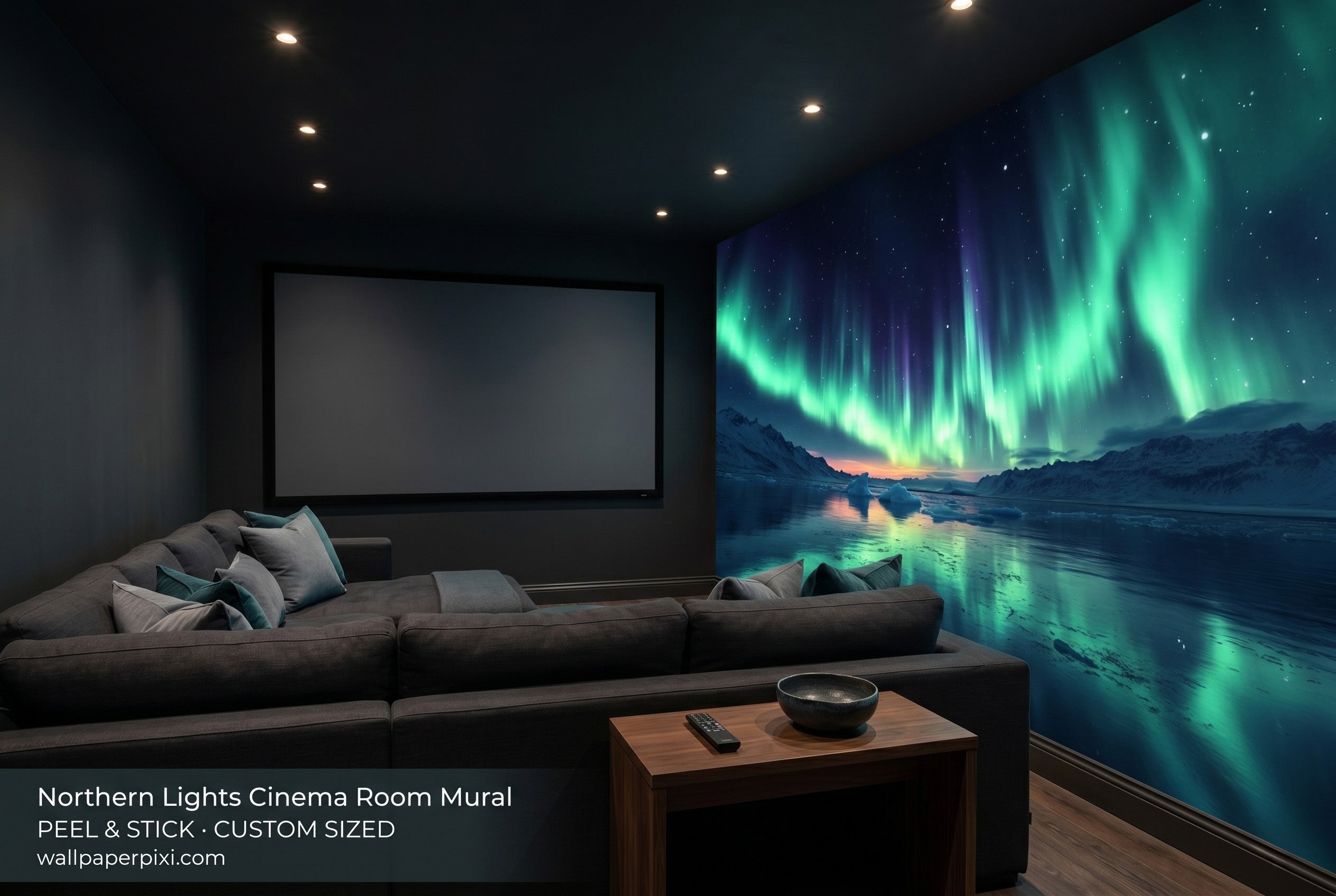 Aurora borealis wall mural in a home cinema or media room with dark walls a projector screen and dramatic ambient lighting