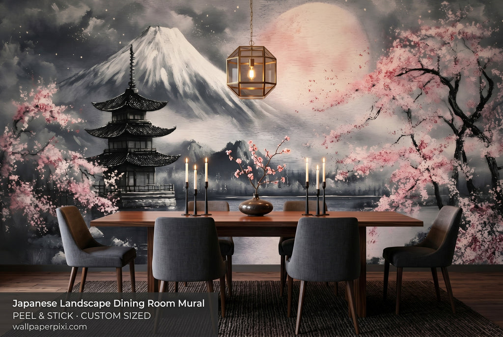 Black and pink Japanese ink painting mural peel and stick home office decor