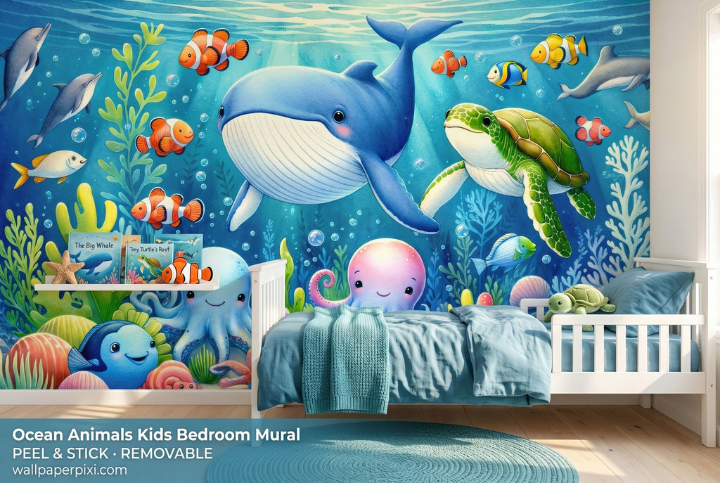 Underwater ocean kids wall mural in a bright toddler bedroom behind a white bed with blue and teal bedding and ocean themed toys.