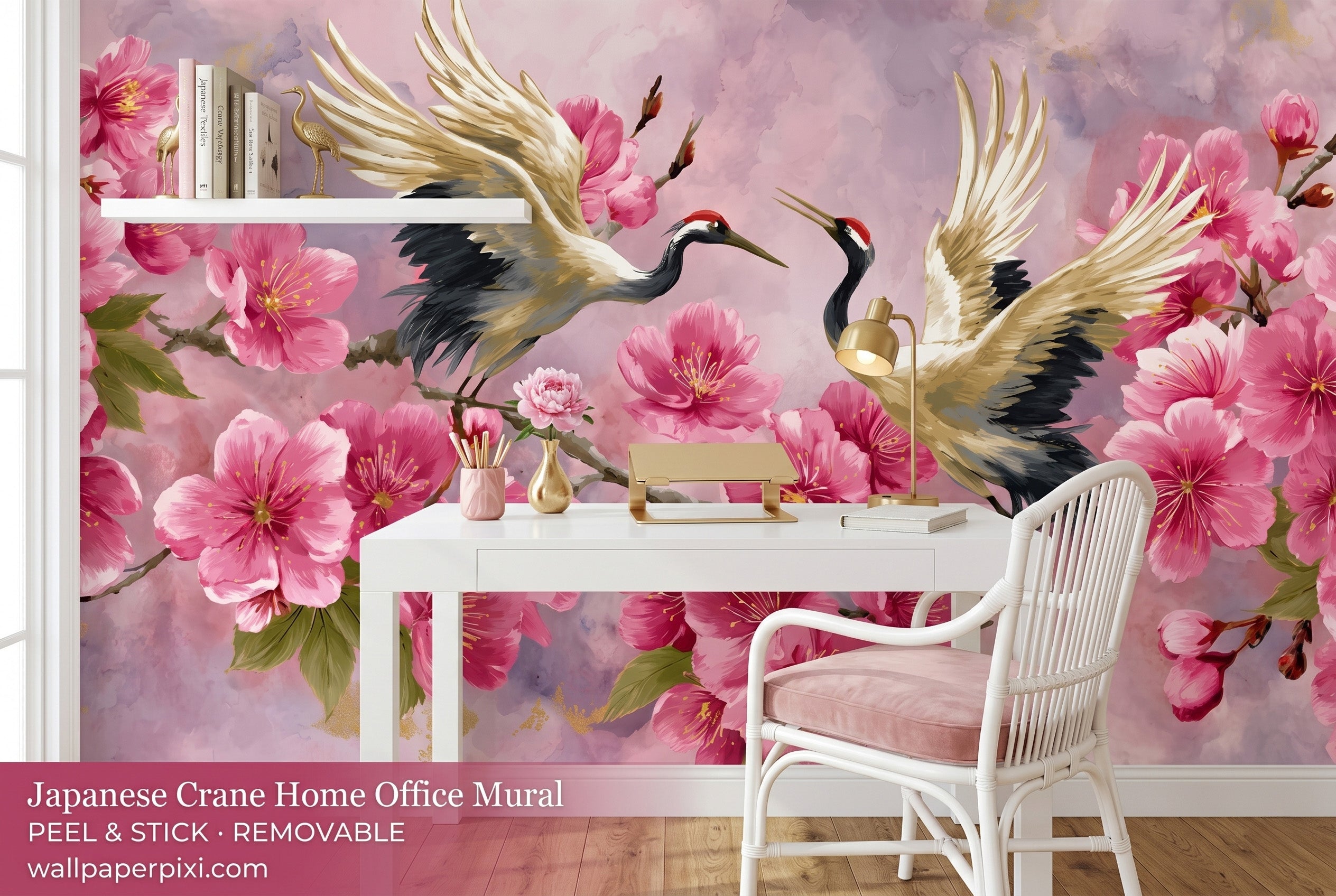 Romantic pink chinoiserie wallpaper with cranes and cherry blossoms dressing room
