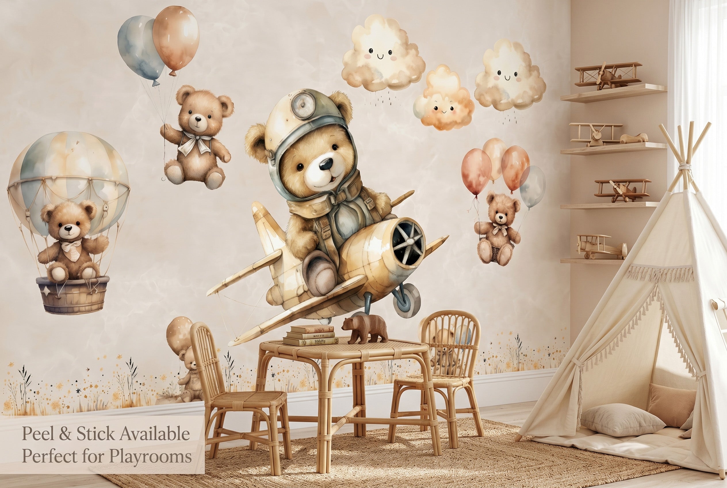 Alt text: Watercolor flying bears and hot air balloon mural in a boho neutral playroom.