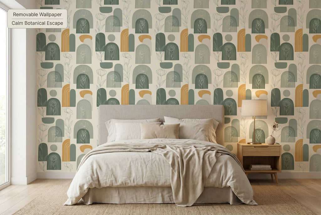 Sage Green Boho Arch Botanical Wallpaper | Minimalist Geometric Floral Design