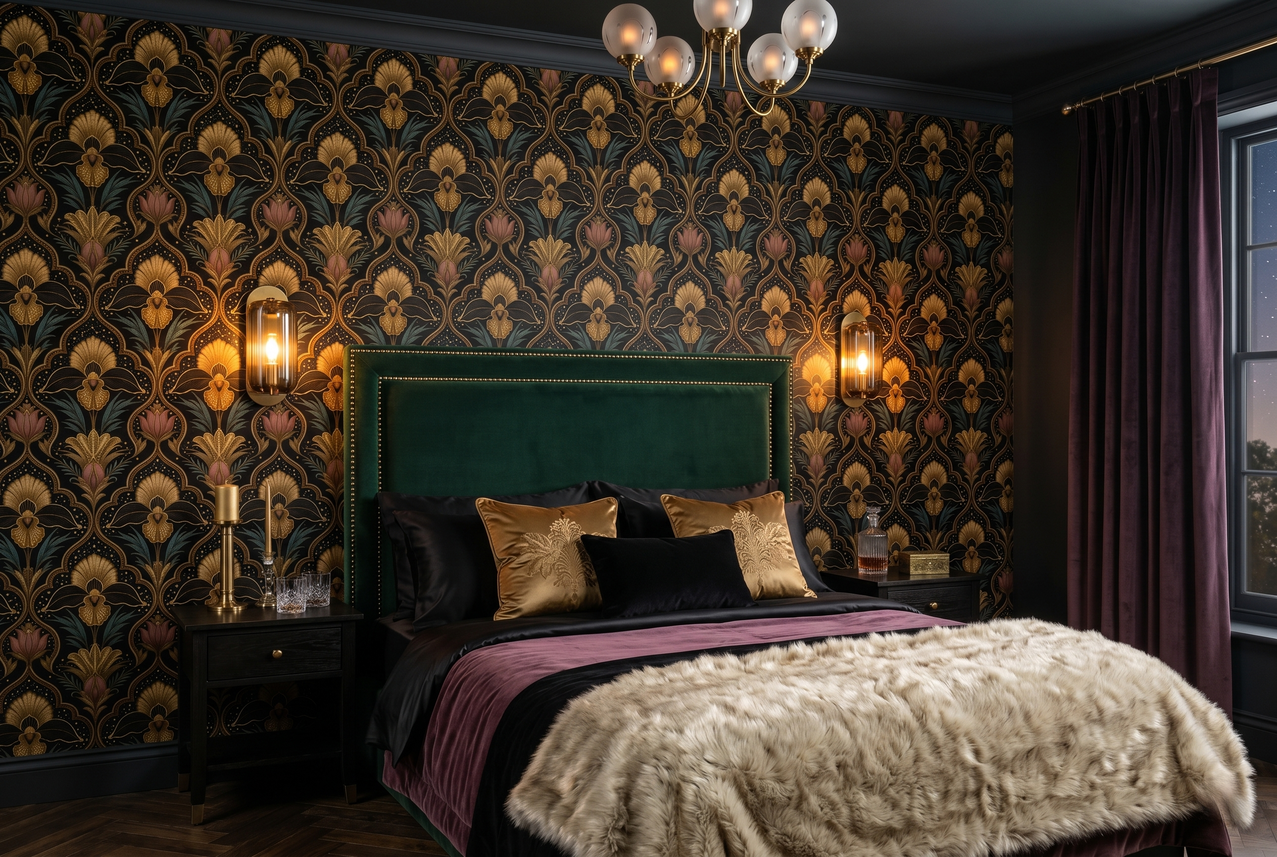 Dark black and gold Art Deco celestial damask wallpaper styled in a luxury bedroom with velvet headboard, brass lighting, and jewel-toned accessories — peel and stick or traditional paste wallpaper by WallpaperPixi