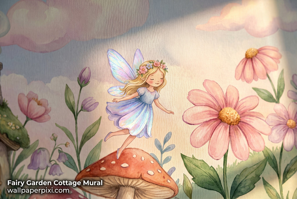 Close-up detail of fairy garden wall mural showing a fairy girl with floral crown shimmering wings pink daisy petals mushroom and glittering stars in soft watercolour