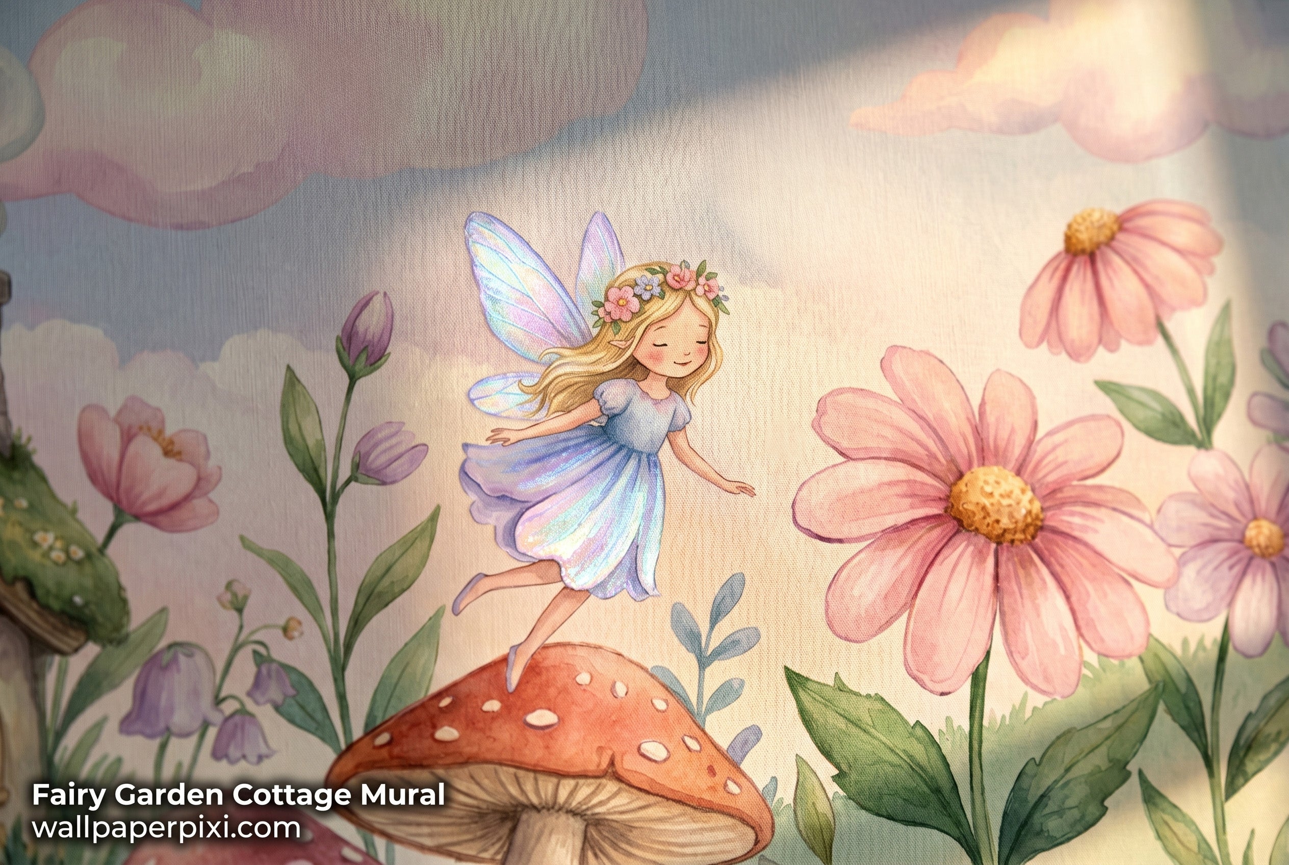 Close-up detail of fairy garden wall mural showing a fairy girl with floral crown shimmering wings pink daisy petals mushroom and glittering stars in soft watercolour