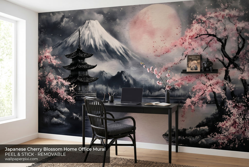 Removable zen landscape wallpaper with pagoda and cherry blossoms living room