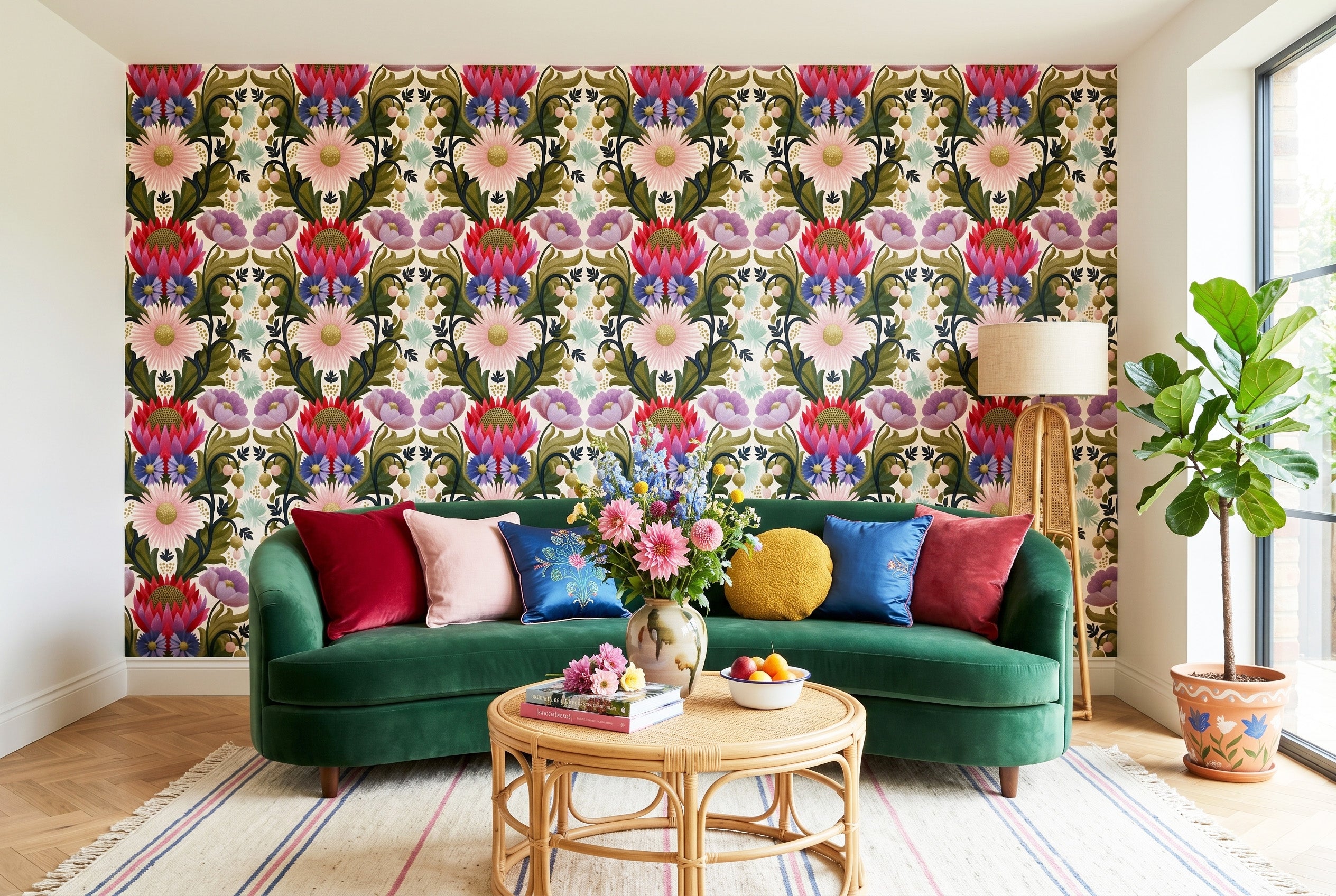 Folk botanical maximalist wallpaper featuring blush daisies, lavender peonies, ruby protea blooms, sapphire cornflowers, golden poppy pods, and indigo scrollwork on a softly speckled cream ground — premium folk floral wallpaper by WallpaperPixi