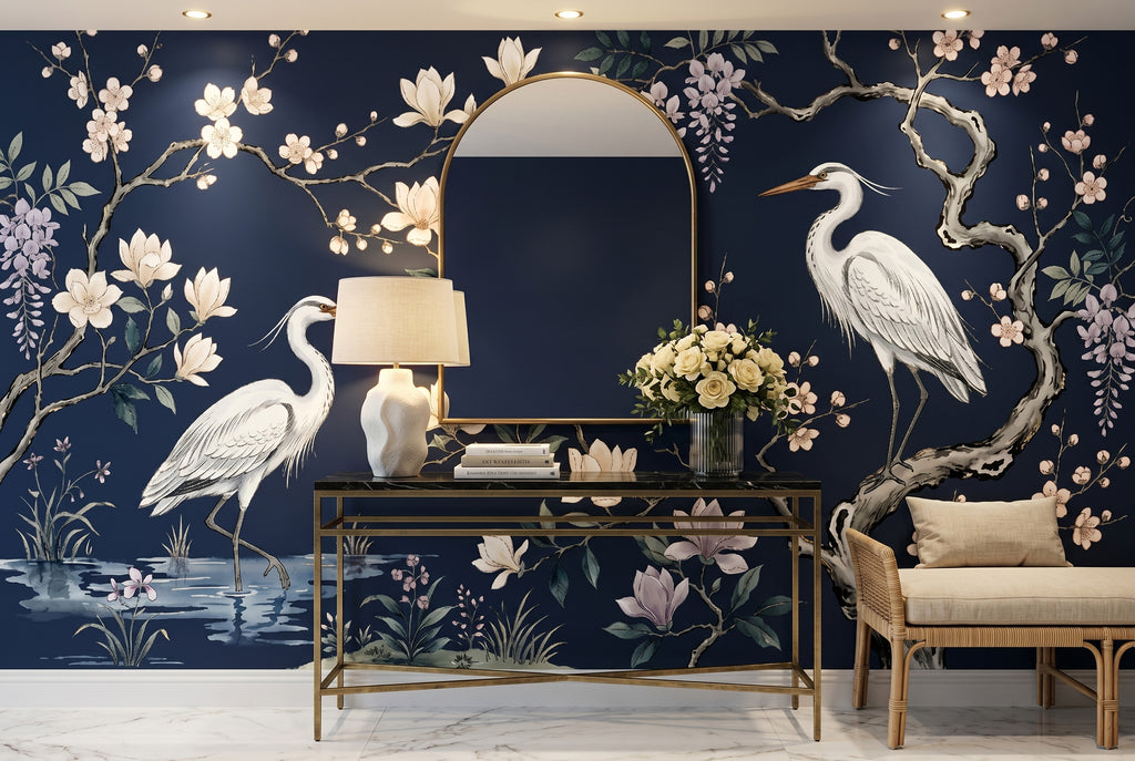Chinoiserie Heron Wallpaper Mural, Navy Blue Magnolia & Blossom Bird Wall Art for Living Room and Bedroom
