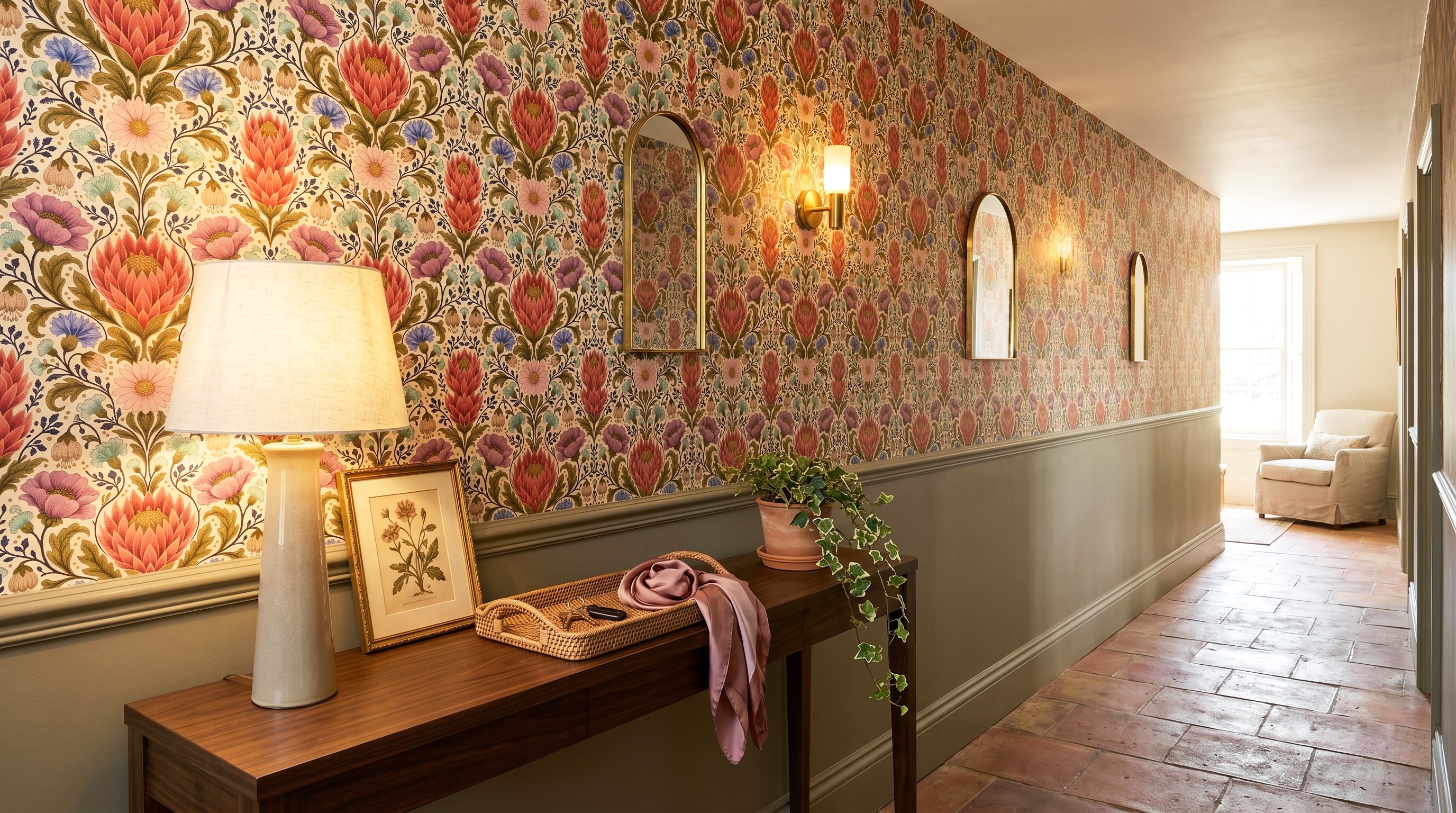 Vintage Damask Floral Botanical Wallpaper with Protea, Wildflowers & Acanthus for Living Room and Bedroom