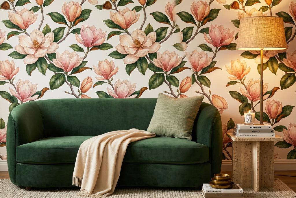 Elegant pink magnolia floral wallpaper featuring large, soft blush blossoms and dark green leaves on a creamy white background. Premium luxury peel and stick botanical wall decor perfect for romantic bedrooms, sophisticated nurseries, and modern organic interior styling.
