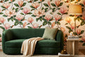 Elegant pink magnolia floral wallpaper featuring large, soft blush blossoms and dark green leaves on a creamy white background. Premium luxury peel and stick botanical wall decor perfect for romantic bedrooms, sophisticated nurseries, and modern organic interior styling.