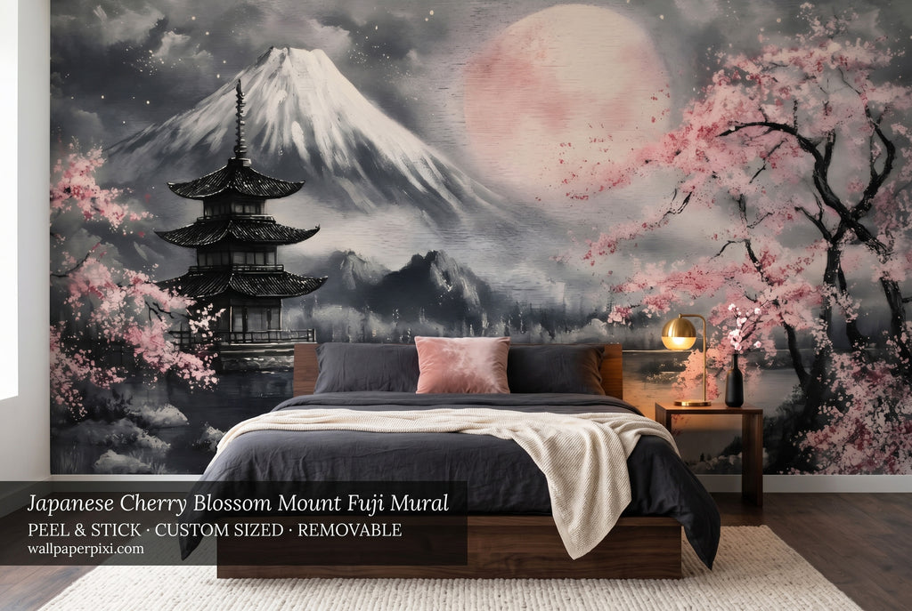 Japanese cherry blossom wall mural with Mount Fuji and pagoda peel and stick wallpaper