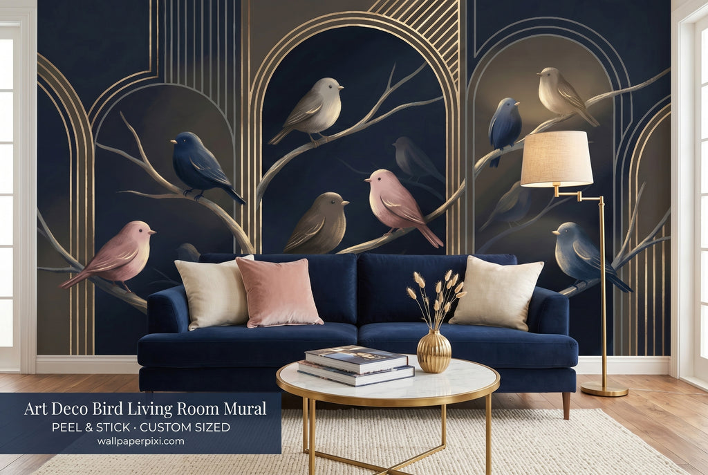 Luxury art deco bird wall mural in a bright sophisticated living room behind a navy velvet sofa with gold and cream accents