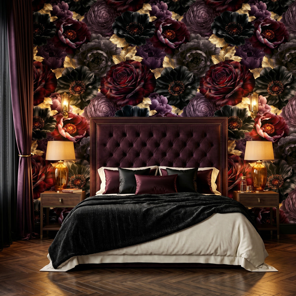 Dark Floral Wallpaper Gothic Rose Peony Moody Bedroom