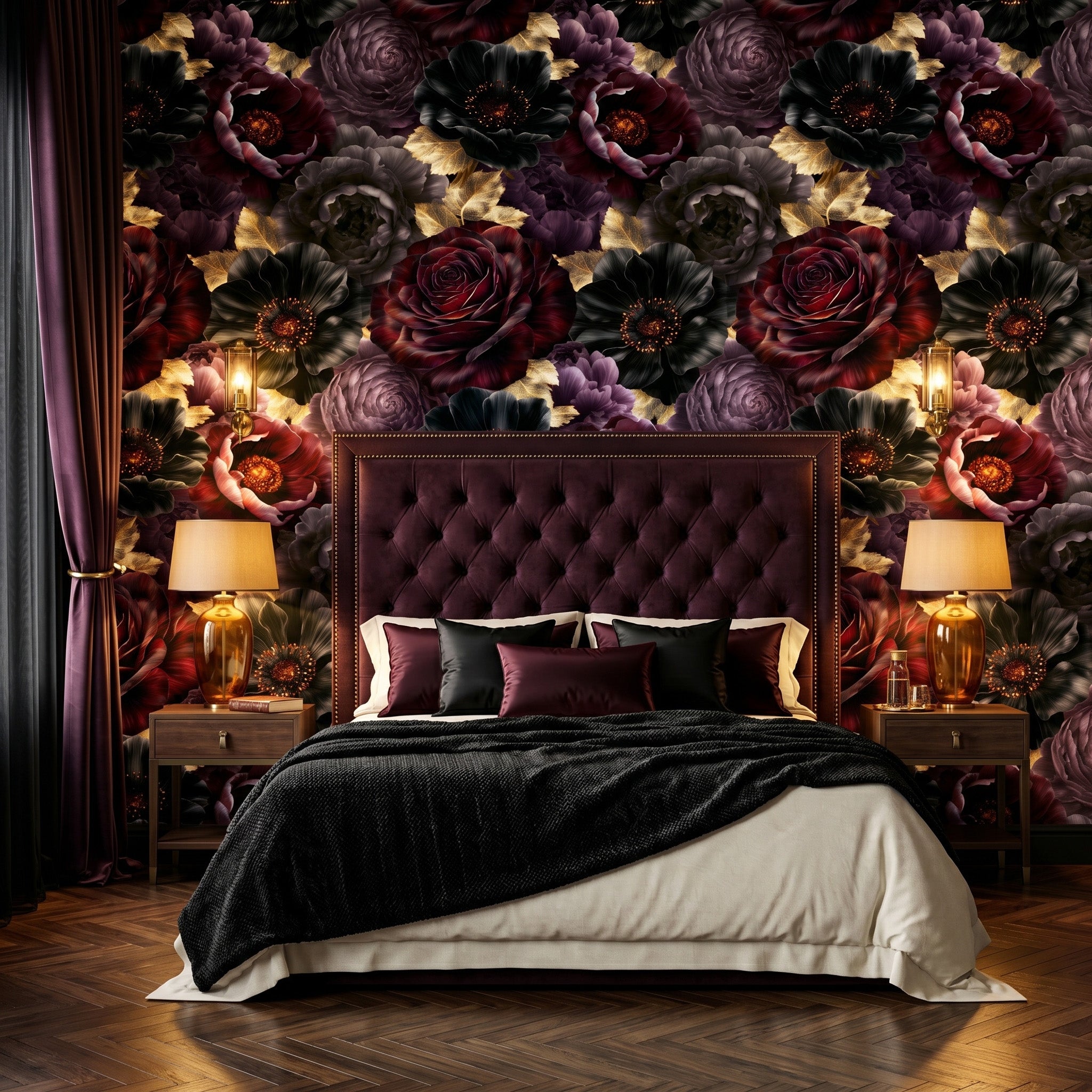 Dark Floral Wallpaper Gothic Rose Peony Moody Bedroom