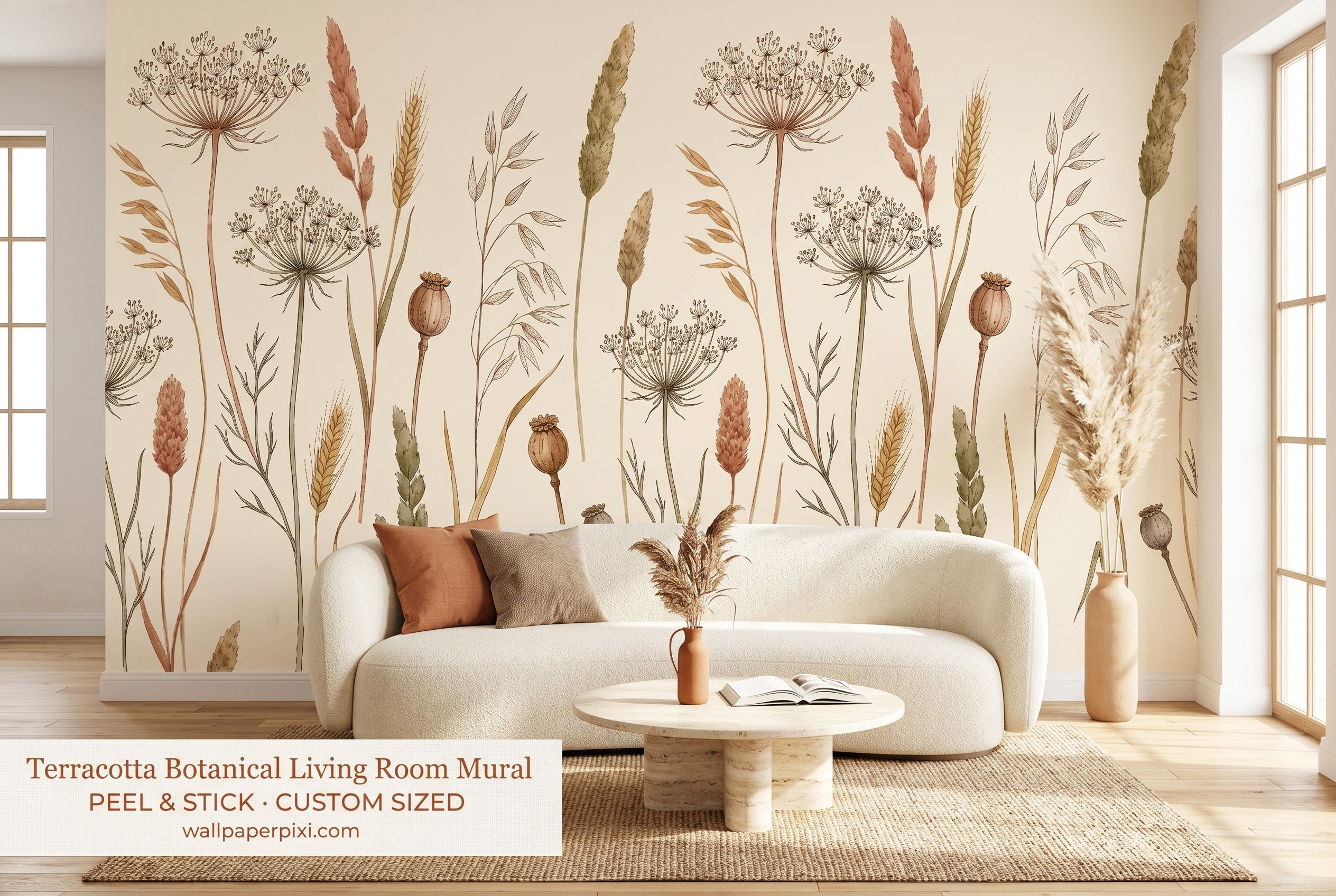Earthy botanical wildflower wall mural in a bright organic modern living room with a cream bouclé sofa terracotta cushions and natural rattan coffee table.