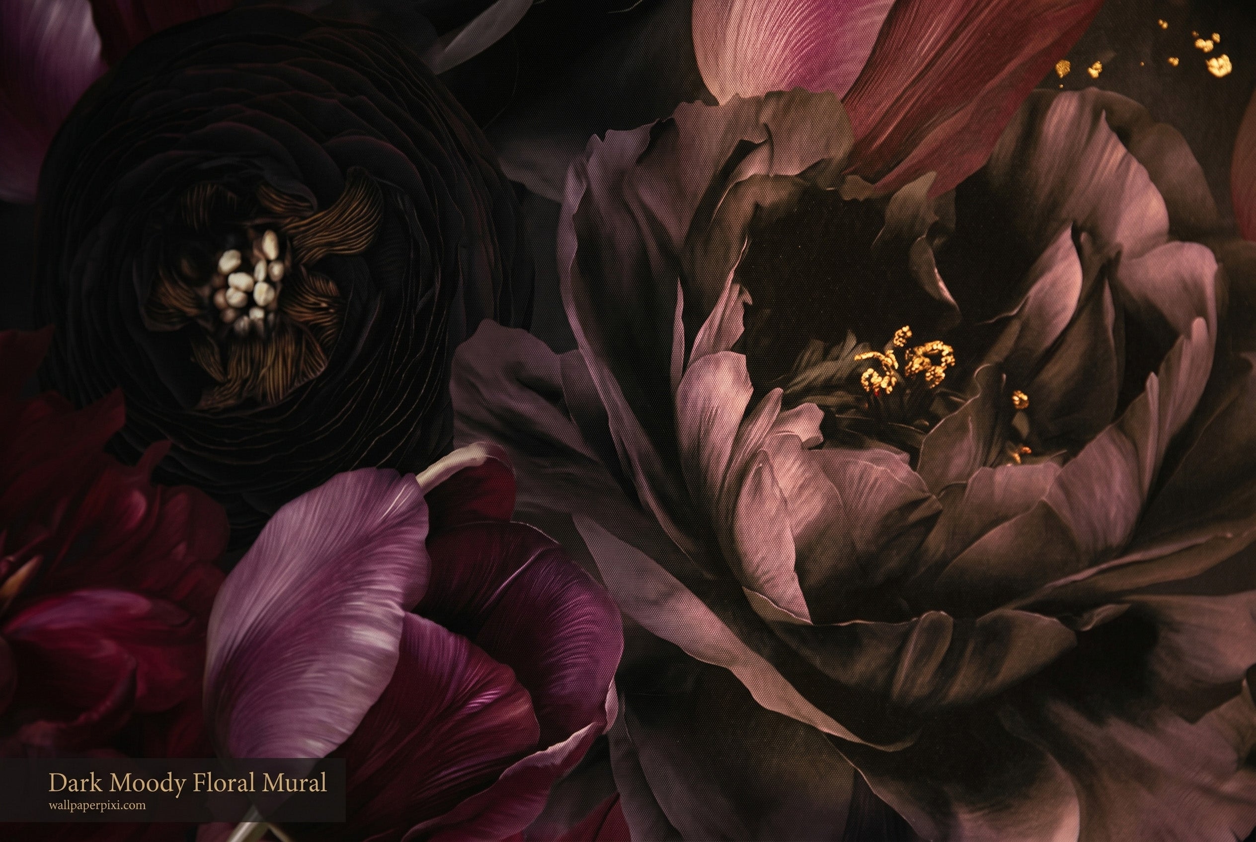 Close-up detail of dark moody peony tulip wallpaper mural showing oversized black peony petals burgundy tulip and scattered gold flecks