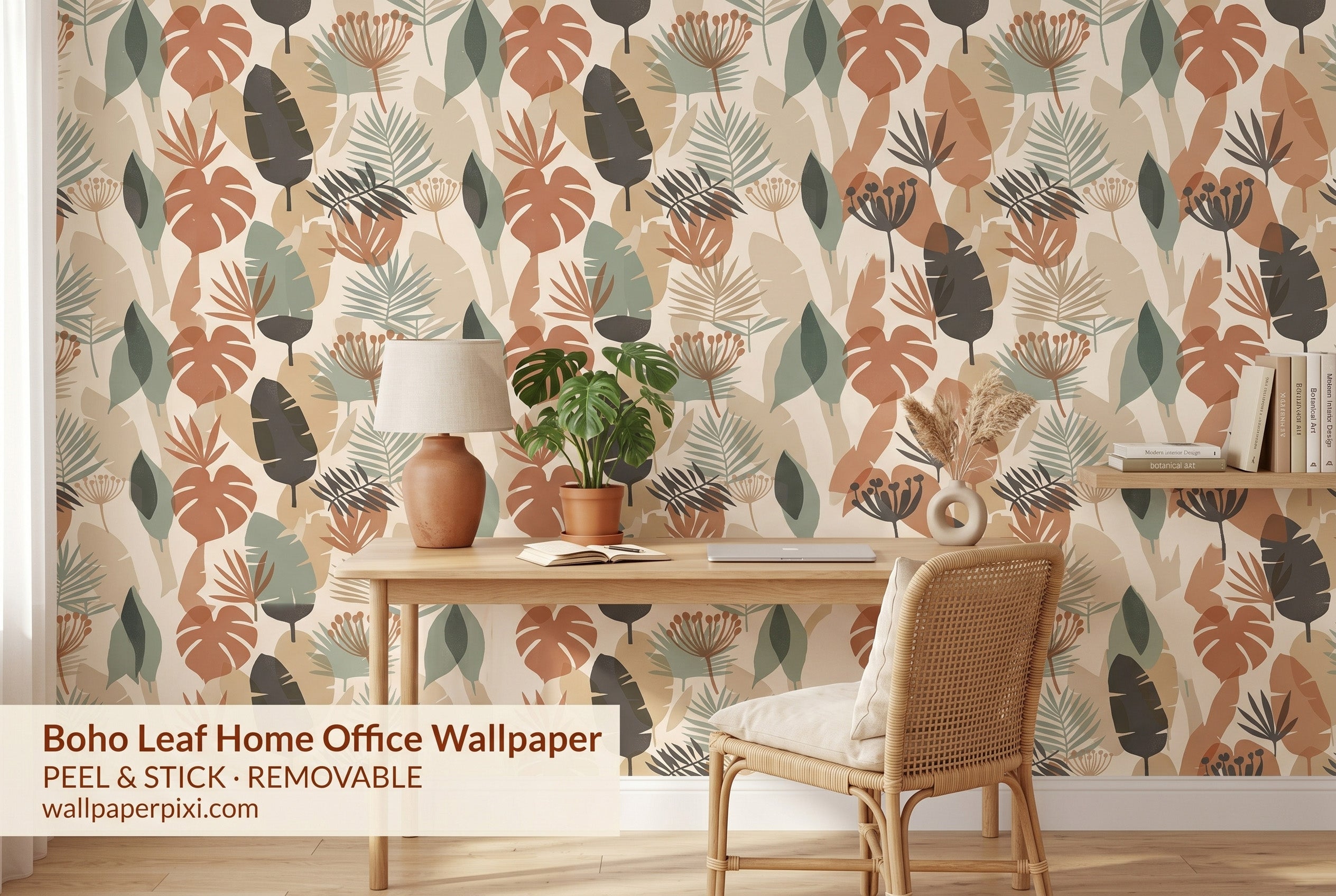 Boho monstera leaf repeat wallpaper in a bright home office with a natural oak desk rattan chair terracotta accessories and warm natural light